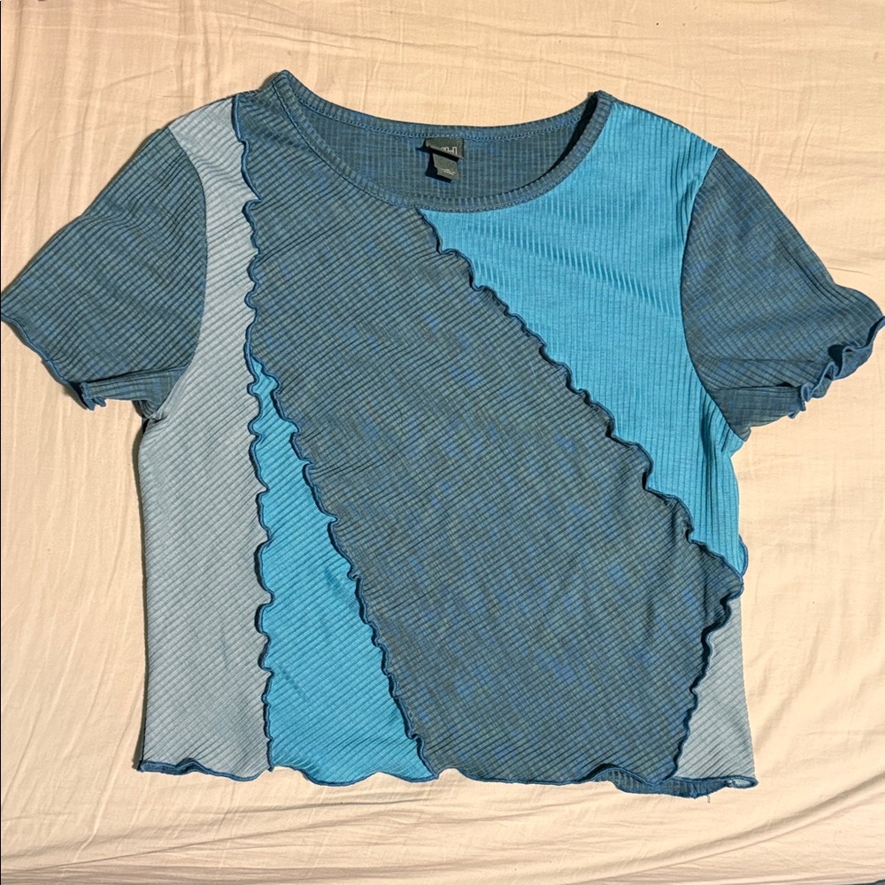 Wild Fable Blue and Gray Patchwork Short Sleeve Top